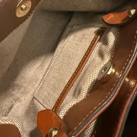 Dooney & Bourke Pebble Grain Satchel Bag in Smooth Brown Leather, Gold Accents - Picture 7 of 13